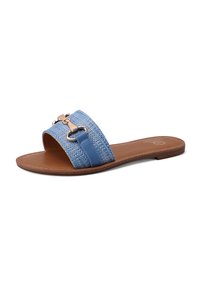 Infradito blu con fascia in tessuto intrecciato e cinturino in pelle, adornati con hardware dorato e una suola testurizzata.