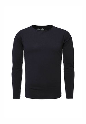 Schwarzes Langarmshirt mit Rundhalsausschnitt, eng anliegenden Ärmeln und einem kleinen gedruckten Etikett im Kragen.