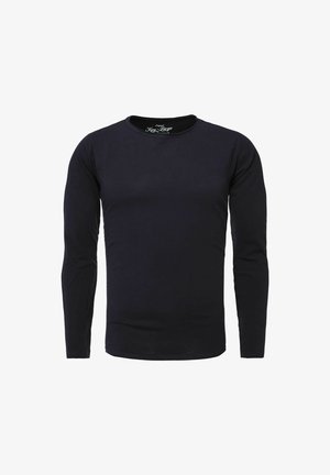 Schwarzes Langarmshirt mit Rundhalsausschnitt, eng anliegenden Ärmeln und einem kleinen gedruckten Etikett im Kragen.