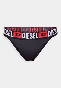 Black bikini bottom made of smooth fabric, featuring a wide elastic waistband with red and white "DIESEL" logo repeating around it.