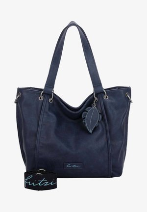 Sac fourre-tout en simili cuir navy avec double poignée, quincaillerie argentée, charme en forme de feuille et une sangle amovible. Texture lisse avec des détails minimaux.