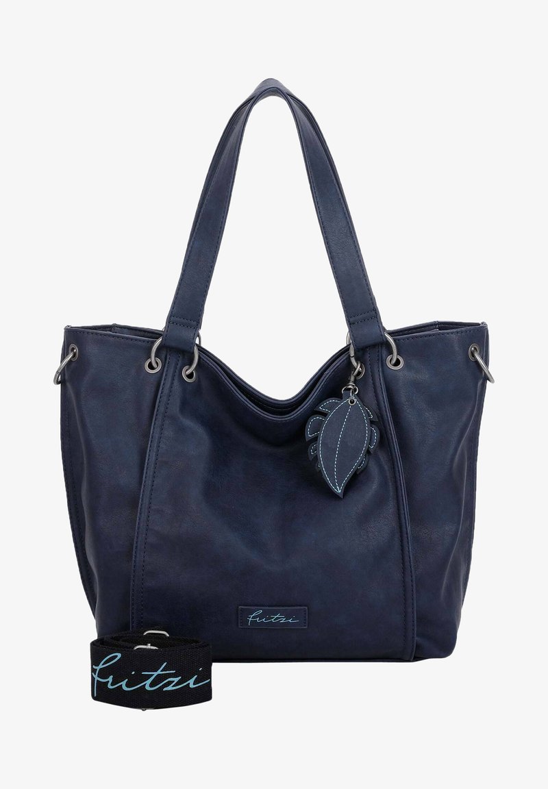 Navy-farbenes, synthetisches Leder-Shopper mit doppelten Griffen, silbernem Hardware, charm in Blattform und abnehmbarem Tragegurt. Glatte Textur mit minimaler Gestaltung.