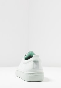 Miętowe zamszowe trampki o gładkiej fakturze, płaskiej podeszwie i małej pętelce na pięcie ułatwiającej zakładanie. Minimalistyczny design bez widocznych wzorów.