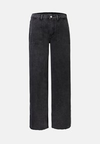 Pantalones de mezclilla negros de pierna ancha con cintura alta, que cuentan con bolsillos frontales y dobladillos deshilachados. La tela tiene un acabado mate y una textura sutil.