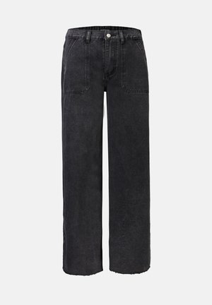 Sorte denim vide bukser med høj talje, der har frontlommer og frynset kant. Stoftet har en mat finish og en subtil tekstur.