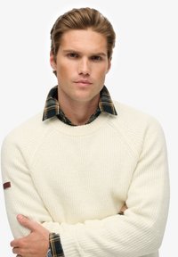 Junger Mann mit ordentlich gestyltem blonden Haar, der einen cremefarbenen Pullover über einem grün-gelben karierter Hemd trägt, mit verschränkten Armen und neutralem Ausdruck.