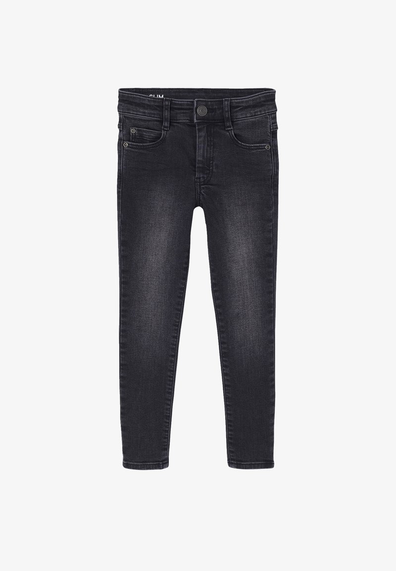 Schwarze Slim-Fit-Jeans mit glatter Textur, Fünf-Taschen-Design und Knopfverschluss. Der Stoff weist dezente Ausbleichungen auf.