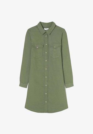 Langärmliges Hemdkleid aus olivgrüner Baumwolle, mit durchgehender Knopfleiste, Kragen und zwei Brusttaschen. Glatte Textur, gerader Schnitt.