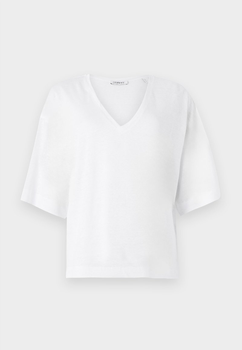 Biała krótkosleeve koszulka typu V-neck wykonana z miękkiego materiału. Charakteryzuje się luźnym krojem i prostym dołem, bez widocznych wzorów lub ozdób.