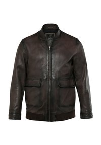 Dunkelbraune Lederbomberjacke mit einem Reißverschluss an der Vorderseite, zwei großen Fronttaschen, gerippten Strickbündchen und einer glatten, strukturierten Oberfläche.