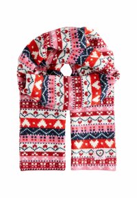 Scarf lavorato a maglia colorato con un motivo ripetitivo di cuori e forme geometriche in rosso, rosa e blu navy, con un logo a forma di cuore all'estremità.