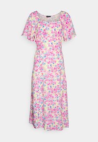 Robe midi fleurie en tissu jaune, ornée de fleurs roses, bleues et vertes. Encolure carrée et manches volantées qui rehaussent le design.