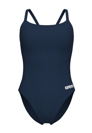Marineblauer Einteiler mit dünnen Trägern und kleinem weißen „arena“-Logo an der linken Hüfte.