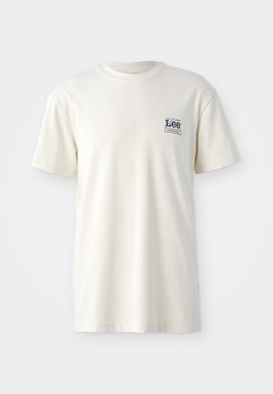 Cream-colored cotton t-shirt featuring a round neckline, short sleeves, and a blue "Lee Workwear" logo on the left chest area.