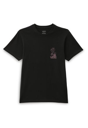 Black cotton t-shirt featuring short sleeves, a round neckline, and a pink cactus graphic with "VANS" text on the chest area.