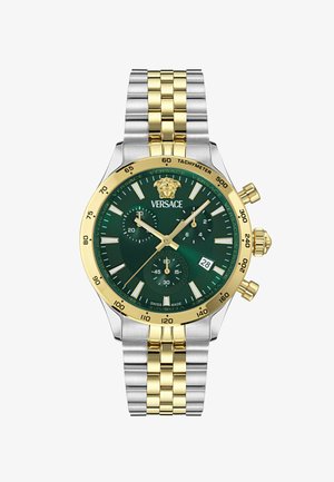 Versace Chronograph-Uhr mit grünem Ziffernblatt, Gehäuse aus gold- und silberfarbenem Edelstahl, Datumsanzeige und Tachymeterskala auf der Lünette.