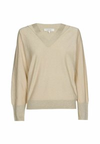 Beige trui met lange mouwen, V-hals en geribbelde manchetten en zoom, afgebeeld tegen een witte achtergrond.