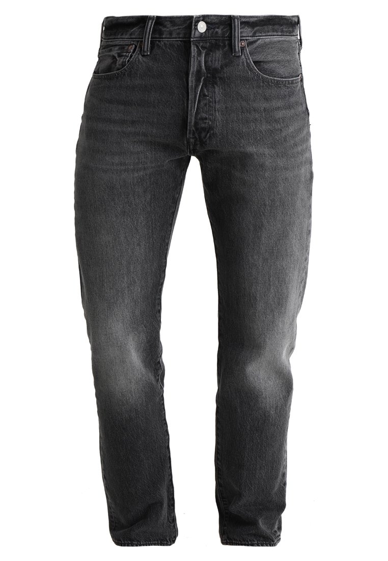 Vaqueros de mezclilla oscura con corte entallado, acabado desgastado, diseño de cinco bolsillos y cierre con botón metálico en la cintura.
