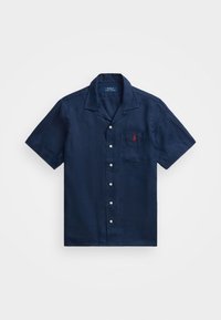 Short-sleeve navy shirt in linen with a button-down collar, featuring a single chest pocket and a small red logo accent.