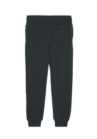 Sorte sweatpants lavet af blødt stof, med en tapered benedesign, elastisk talje og lynlåslommer på siderne.