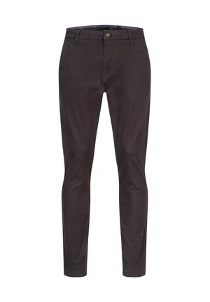 Pantalones slim-fit marrón oscuro de algodón, con cierre de botón, presillas para cinturón y bolsillos delanteros. Textura suave con ligero brillo.