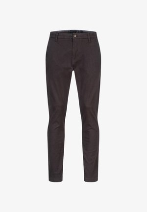 Dark brown slim-fit pants made of cotton, featuring a button closure, belt loops, and front pockets. Smooth texture with slight sheen.