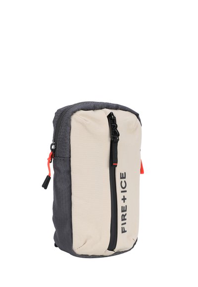 Rectangular backpack featuring a beige front and textured gray back, with a black zipper and red accents. Logo printed on the side.