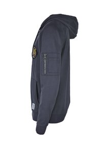 Navyblauwe hoodied sweatshirt met een voorzak, zij-rits zak en geborduurde tijgerpatch op de linkerborst. Zacht katoenmix materiaal.