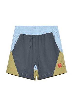 Zwemshorts met een lichtblauwe tailleband, een grijze hoofdkleur en groene accenten. Voorzien van zijzakken en geperforeerde details. Rood logolabel aanwezig.
