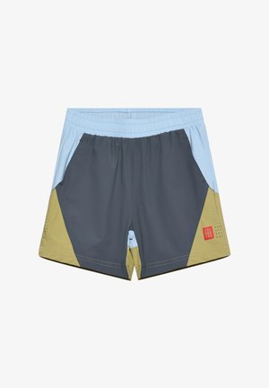 Badeshorts mit hellblauem Bund, grauem Hauptteil und grünen Akzenten. Enthält Seitentaschen und perforierte Details. Rotes Logotag vorhanden.