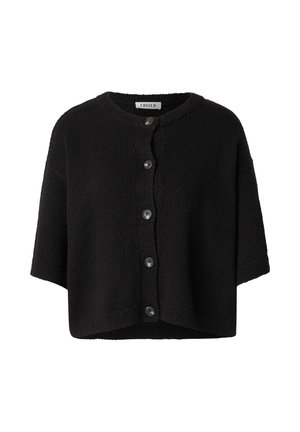 Schwarzer Kurzarmpullover aus strukturiertem Stoff mit Rundhalsausschnitt und sechs Knopfverschlüssen auf der Vorderseite.