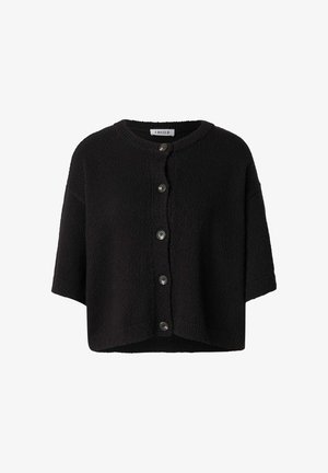 Schwarzer Kurzarmpullover aus strukturiertem Stoff mit Rundhalsausschnitt und sechs Knopfverschlüssen auf der Vorderseite.