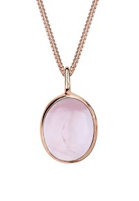 Smykke med pendants i rosaguld, som har en oval, lys pink sten med glat overflade, hængende fra en delikat kæde.
