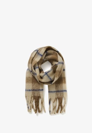 Vuna šal u bež boji s smeškim i plavim kariranim uzorkom, s resama na rubovima i mekanom teksturom.