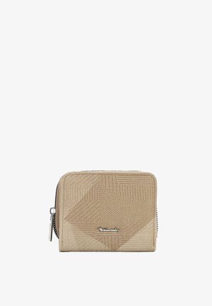 Beige gestructureerde stoffen portemonnee met geometrisch patroon, zilveren ritssluiting en klein metalen logo aan de voorzijde in het midden.