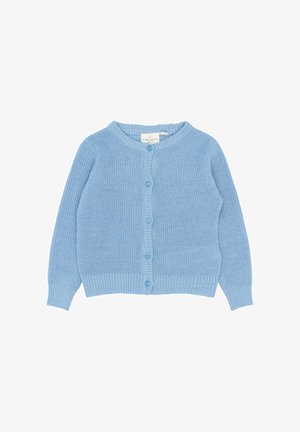 Vaaleansininen neuletakki, joka on valmistettu teksturoidusta neulemateriaalista. Tässä neuletakissa on pyöreä kaula-aukko ja kuusi samansävyistä nappia edessä. Hihansuissa ja helmassa on ribbireunat.