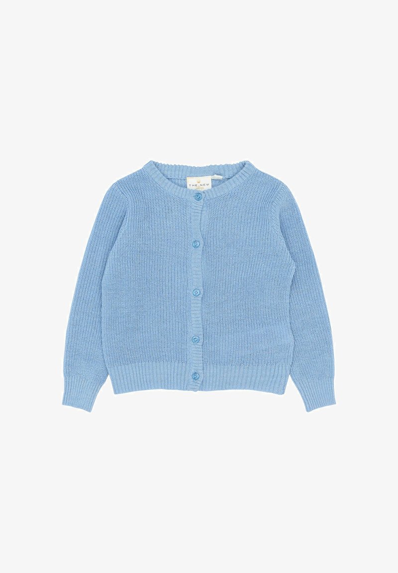 Cárdigan azul claro hecho de material de punto texturizado, con un cuello redondo y seis botones a juego en la parte delantera. Puños y dobladillo acanalados.