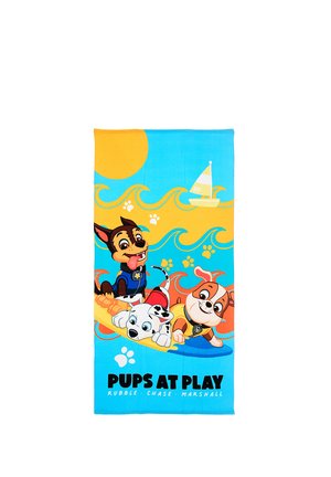 Three animated puppies in life jackets surfing on a yellow board with blue and yellow waves, sun, and a sailboat above "Pups at Play" text.