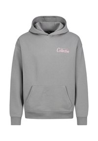 Graue Kapuzenjacke aus Baumwollmischgewebe, mit einer Fronttasche, gerippten Bündchen und einem pinken "Collective"-Grafik auf der Brust.