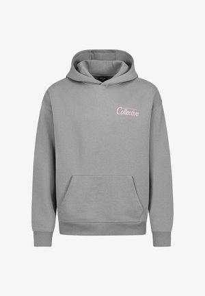 Gray hoodie made of cotton blend fabric, featuring a front pocket, ribbed cuffs, and a pink "Collective" graphic on the chest.