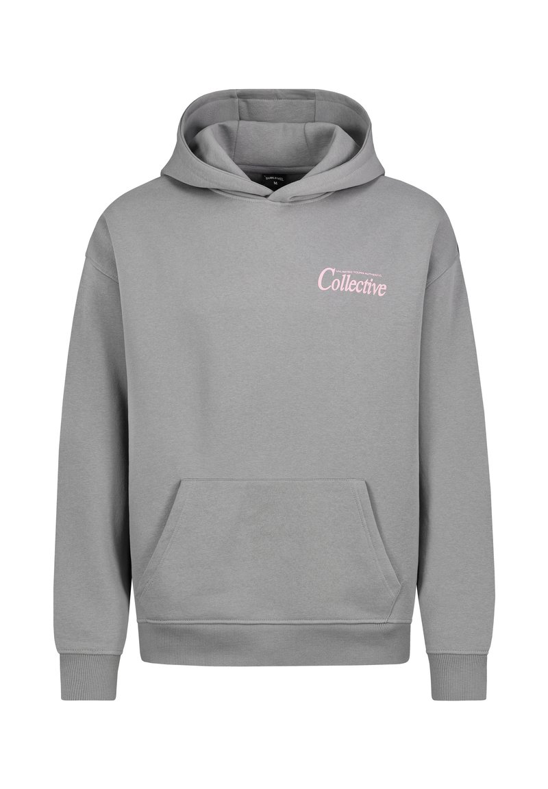 Graue Kapuzenjacke aus Baumwollmischgewebe, mit einer Fronttasche, gerippten Bündchen und einem pinken "Collective"-Grafik auf der Brust.