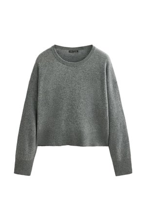 Pull gris, court, en tissu tricoté doux. Il a un col rond et de longues manches avec des poignets et un ourlet côtelés. Pas de motifs visibles.