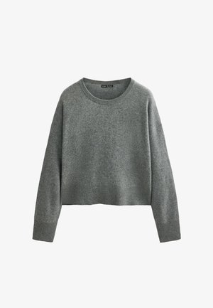 Gray, cropped sweater made of soft knit material. Features a round neck and long sleeves with ribbed cuffs and hem. No visible patterns.