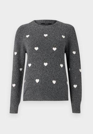 Gray knit sweater with a crew neck, featuring white heart patterns evenly spaced across the fabric. Long sleeves with ribbed cuffs.