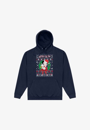 Marineblauwe hoodie met kerstthema Betty Boop die een witte hond vasthoudt, omringd door hulstkransen, sneeuwvlokken, harten en kerstmangezichten.
