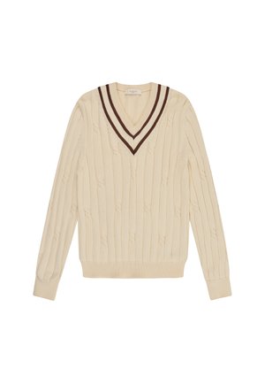 Cremefarbener, grob gestrickter Pullover mit tiefem V-Ausschnitt, der doppelte braune Streifen zeigt, und langen Ärmeln mit gerippten Bündchen und Saum.