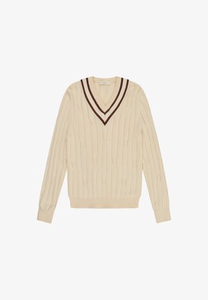 Maglione crema a trecce con scollo a V profondo caratterizzato da doppie strisce marroni e maniche lunghe con polsini e orlo a coste.