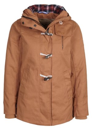 Abrigo de invierno marrón con capucha, cierres de botón de madera, bolsillo en el pecho con cremallera, bolsillos laterales y forro interior de tela a cuadros en la capucha.