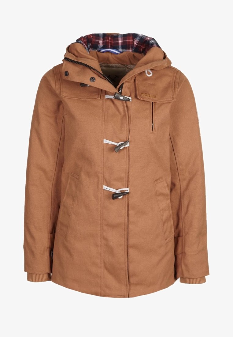 Abrigo de invierno marrón con capucha, cierres de botón de madera, bolsillo en el pecho con cremallera, bolsillos laterales y forro interior de tela a cuadros en la capucha.