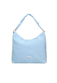 Borsa azzurra chiara realizzata in materiale strutturato con una forma morbida, dotata di una tracolla arricciata e un leggero branding sulla parte anteriore.